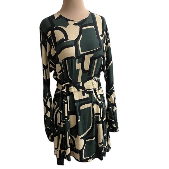 ZARA Long Sleeve Wearable Art Abstract Green/Black Frida Dress, Size Medium - Picture 1 of 7